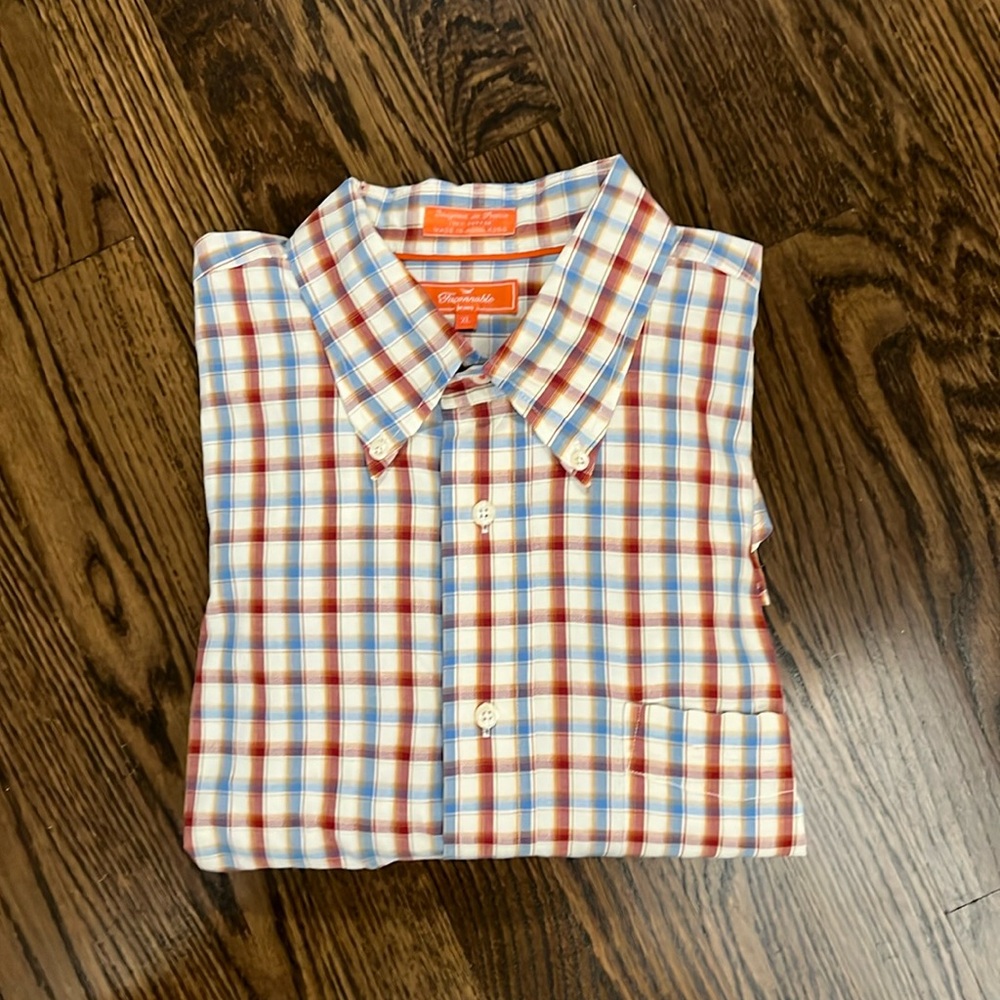 Faconnable jeans Cream w Blue Orange plaid button down shirt. Cotton. Size XL